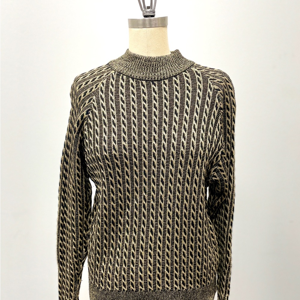 Vintage 80s JEANNE PIERRE Metallic Gold + Black Woven Turtleneck Sweater